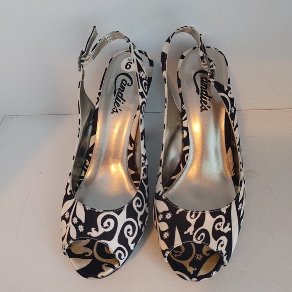 Candies Black and White satin Paisley Platform slingbacks 6 - Picture 6 of 13